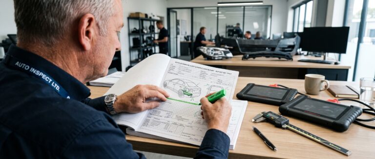 Versicherung zweifelt Gutachten an - Ein KFZ-Gutachter prüft den Versicherungsbericht an seinem Schreibtisch.