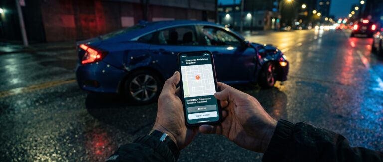 Kfz-Gutachter Aufträge gewinnen - Verunfalltes Auto auf einer Kreuzung. Im Vordergrund ein Handy auf dem Jemand nach einem KFZ-Gutachter sucht.