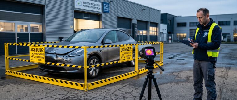 Hochvolt-Quarantäne nach Unfall: Ein E-Auto unter Beobachtung mit einer Wärmebildkamera hinter einer Absperrung