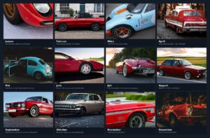 Übersicht aller 12 Monatsmotive des Oldtimer-Kalenders 2027 – Werbekalender mit Logo für Kfz-Gutachter