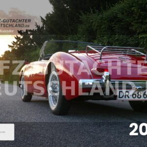 Titelseite Oldtimer-Kalender 2027 mit individuellem Firmenlogo und Kontaktdaten – Werbekalender für Kfz-Gutachter