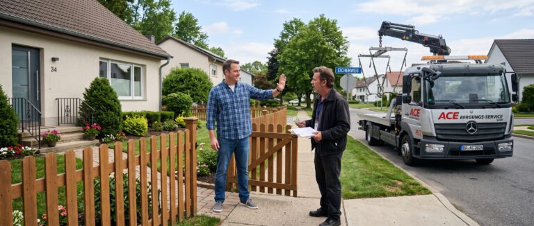 Restwertaufkäufer Trick - Aufkäufer und Besitzer des Autos stehen am Gartenzaun und verhandeln. Im Hintergrund ein Abschlepp-LKW