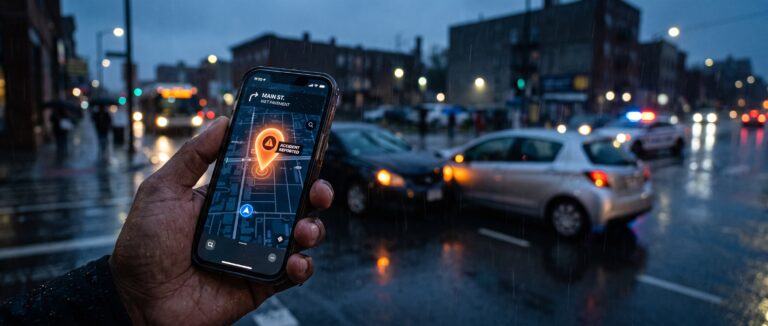 Unfallgutachten Akquise - Im Hintergrund zwei verunfallte Autos im Vordergrund: Jemand hält ein Handy in der Hand und sucht nach einem KFZ-Gutachter.