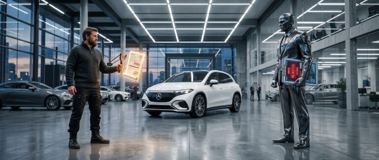Unfallschaden und Leasingrückgabe - Leasingnehmer und Leasingunternehmen stehen sich in Gestalt von David und Goliath in einem Autohaus gegenüber.