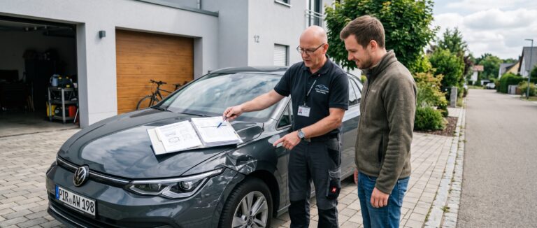 Zweitgutachten nach einem Verkehrsunfall - Ein KFZ-Gutachter und eine Kunde sethen an einem PKW. Der Gutachter weist auf Unstimmigkeiten zwichen dem Versicherungsgutachten und der Realität bestehen.