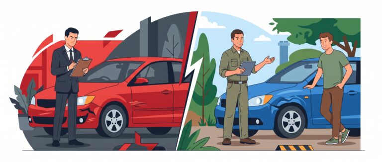 Zweiteilige Vergleichsgrafik: Links rechnet ein Versicherungsgutachter den Autoschaden klein, während rechts ein eigener Kfz-Sachverständiger nach Unfall den Kunden fair und unabhängig berät.
